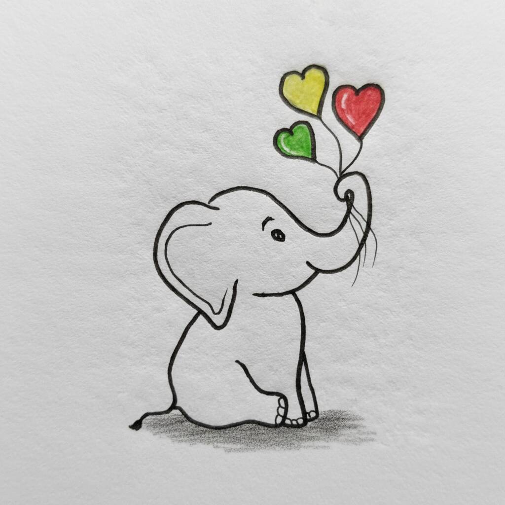 Desenho de um elefante feliz segurando corações coloridos