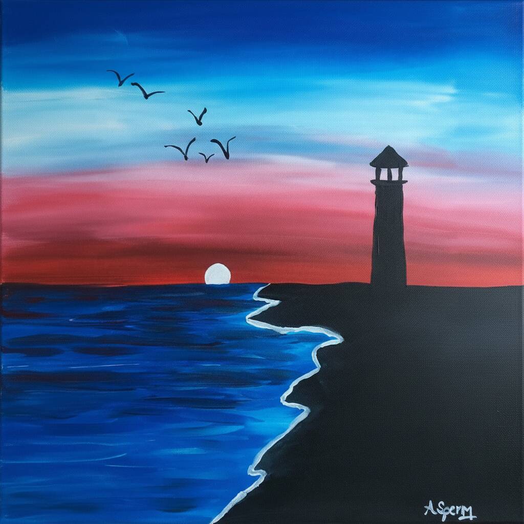Desenho de um farol ao pôr do sol com céu colorido