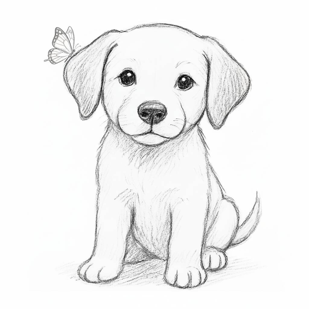 Desenho de um filhote de cachorro com uma borboleta, ideal para colorir