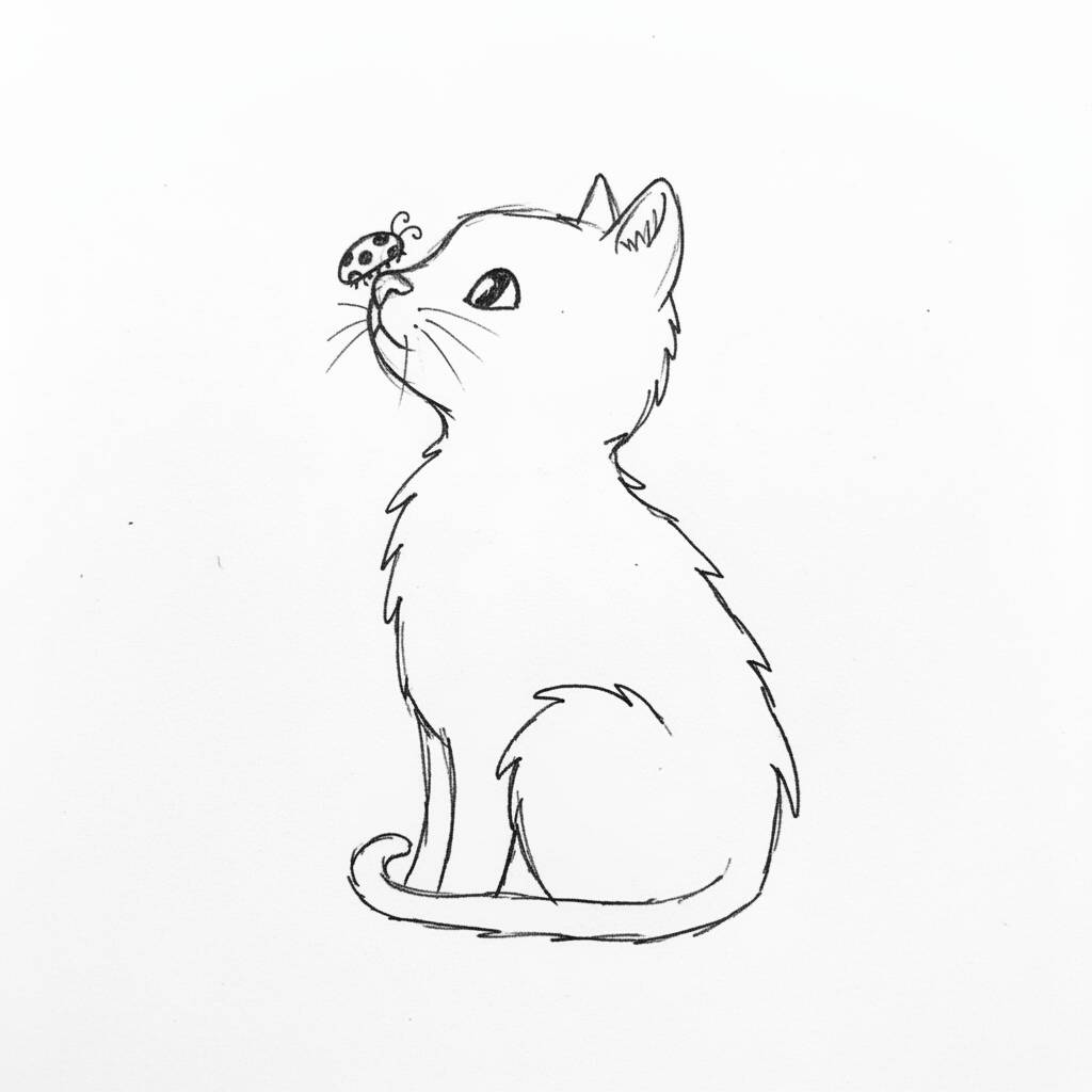 Desenho de um gato curioso com um inseto para colorir