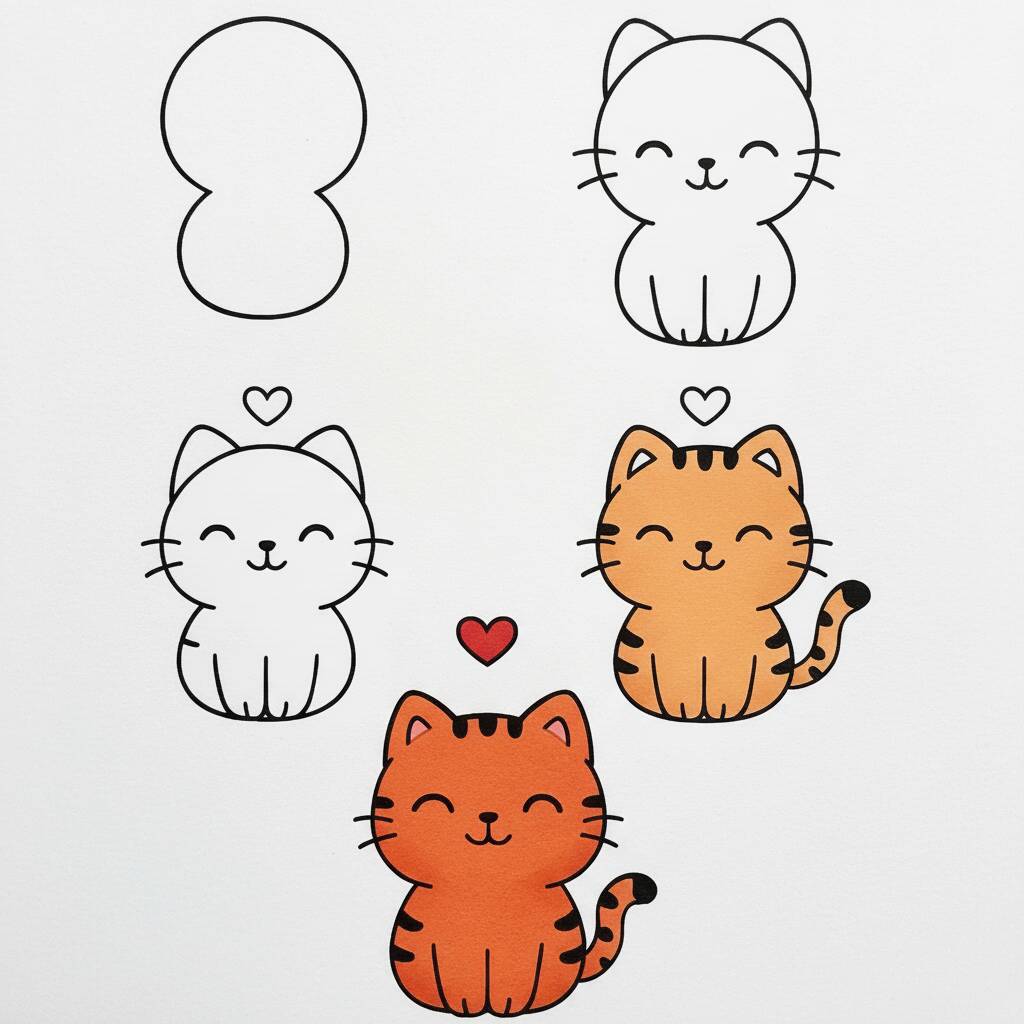 Desenho de um gato fofo com corações para colorir