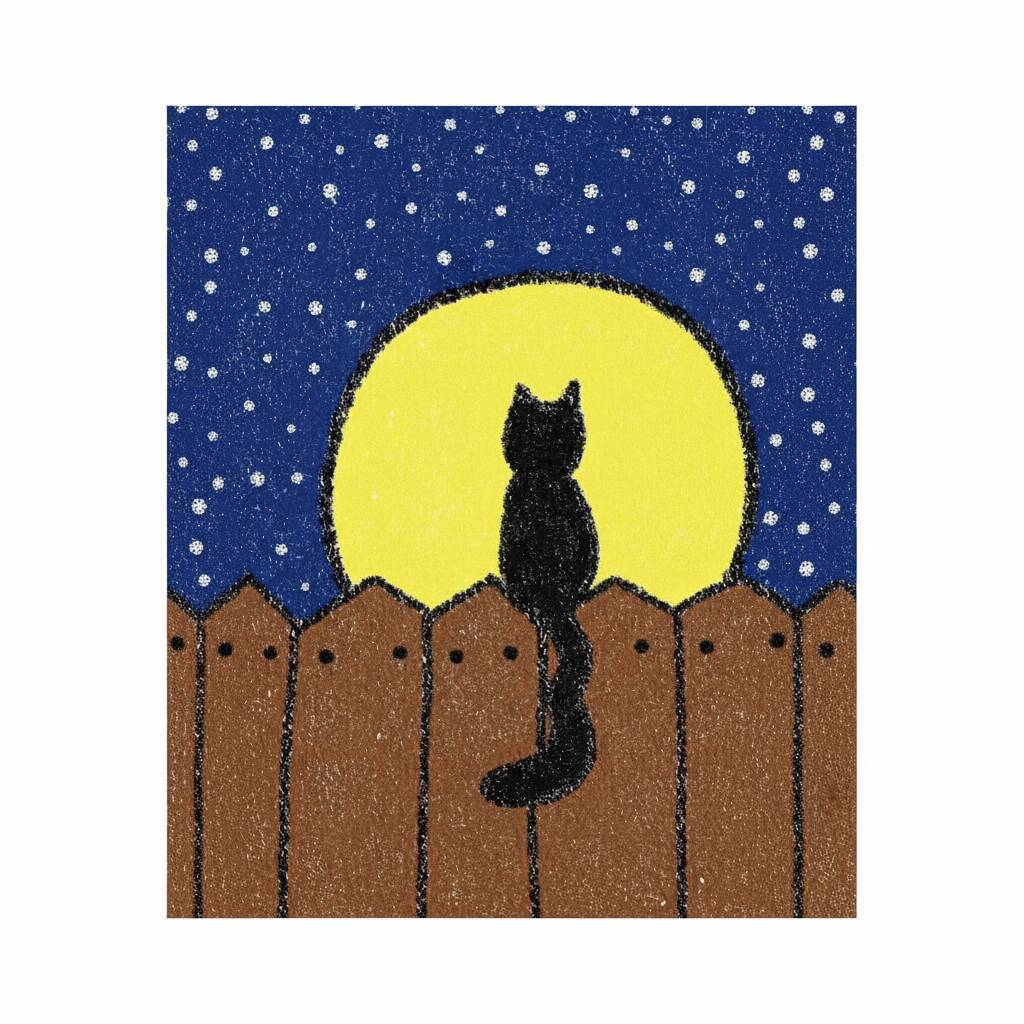 Desenho de um gato preto sentado em um cercado, olhando para a lua cheia