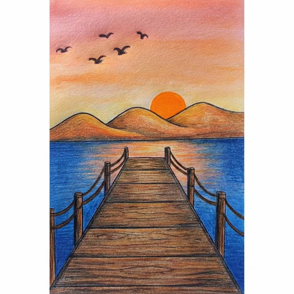Desenho de um pôr do sol na praia com um pier de madeira