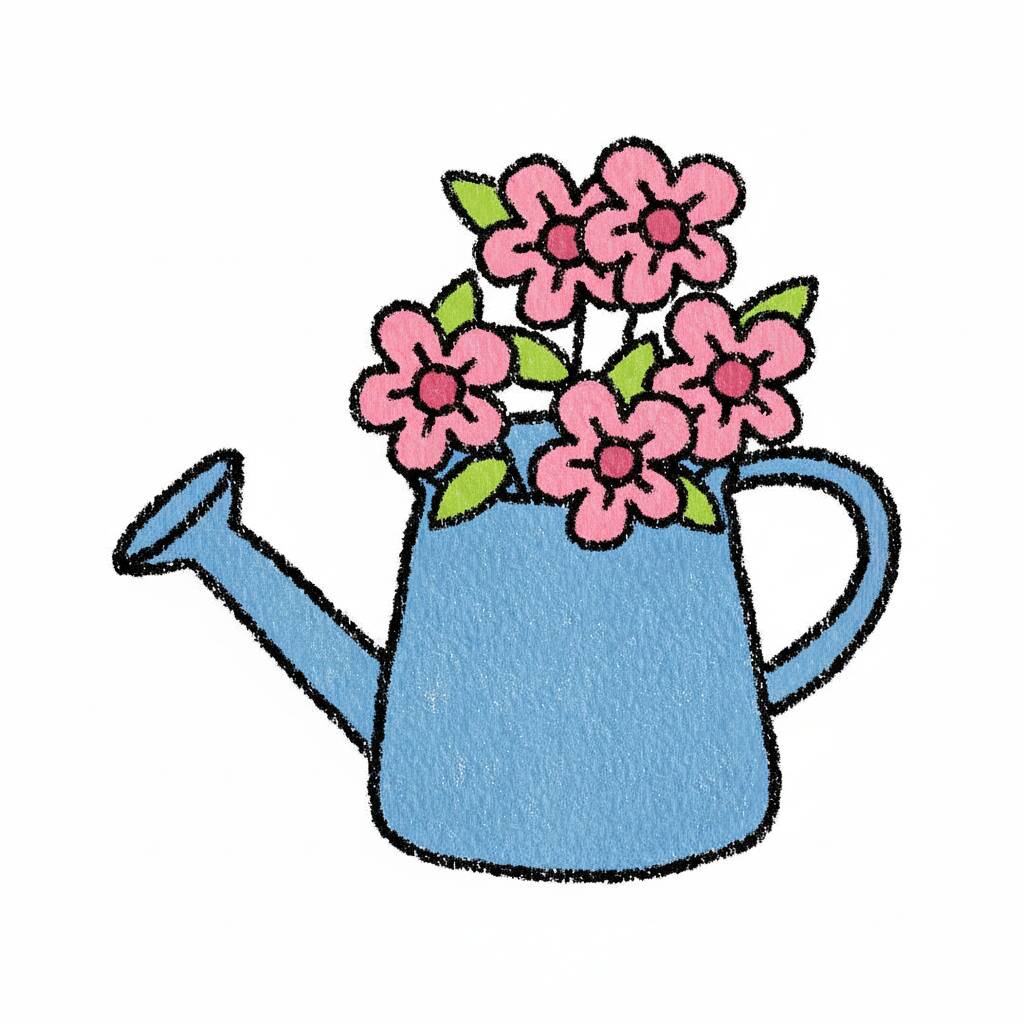 Desenho de um regador azul cheio de flores coloridas para colorir