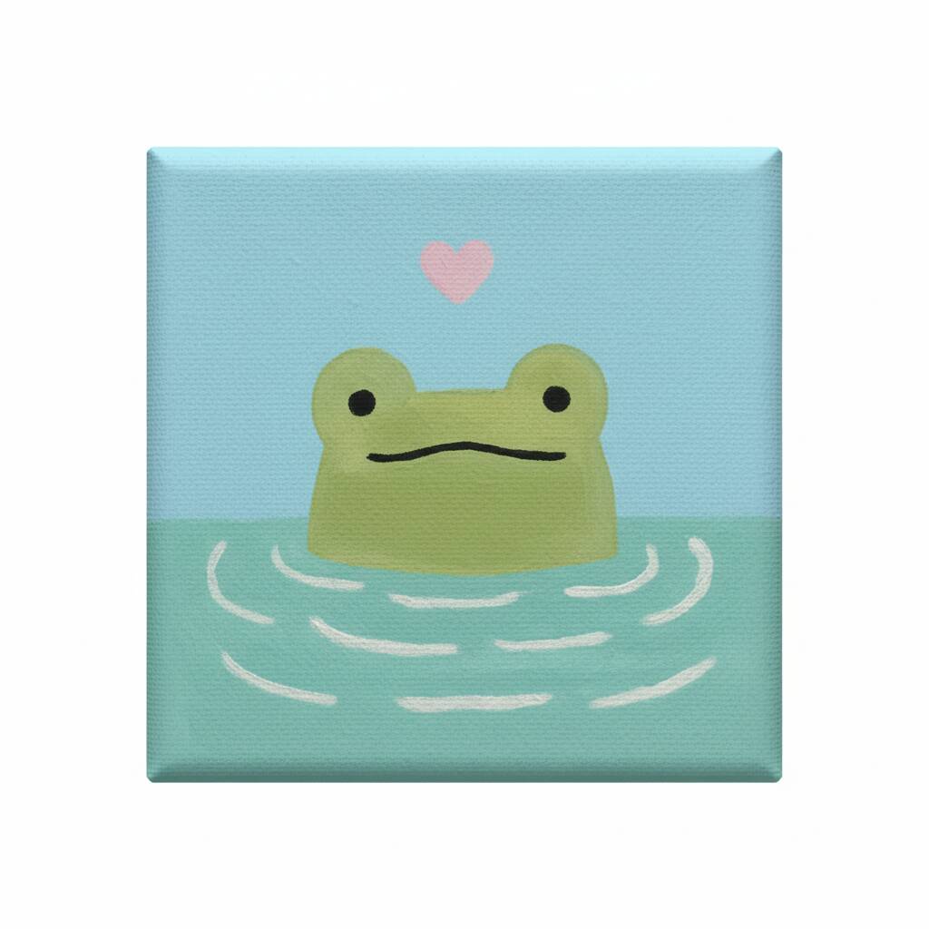 Desenho de um sapo feliz com um coração acima, em um lago tranquilo