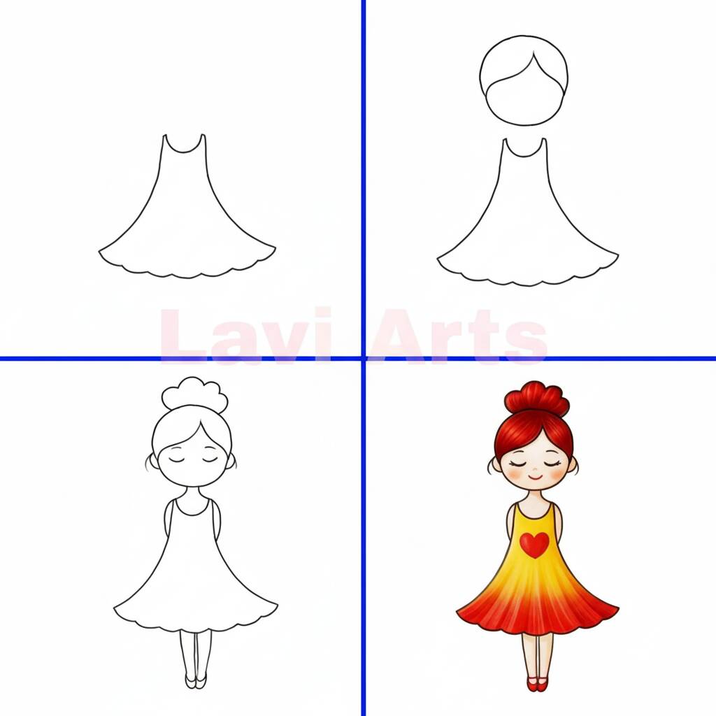 Desenho de uma boneca com vestido, mostrando o passo a passo para colorir