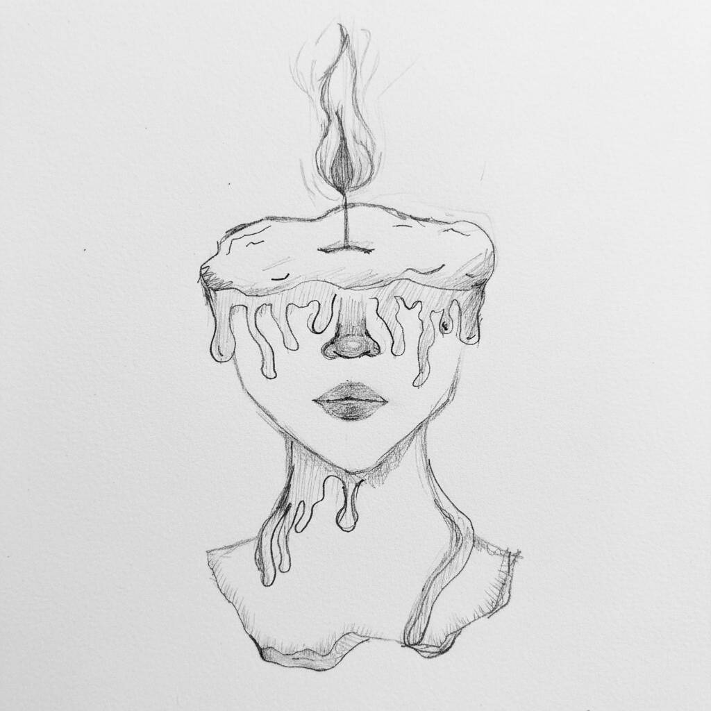 Desenho de uma cabeça com uma vela derretida em cima, ideal para colorir