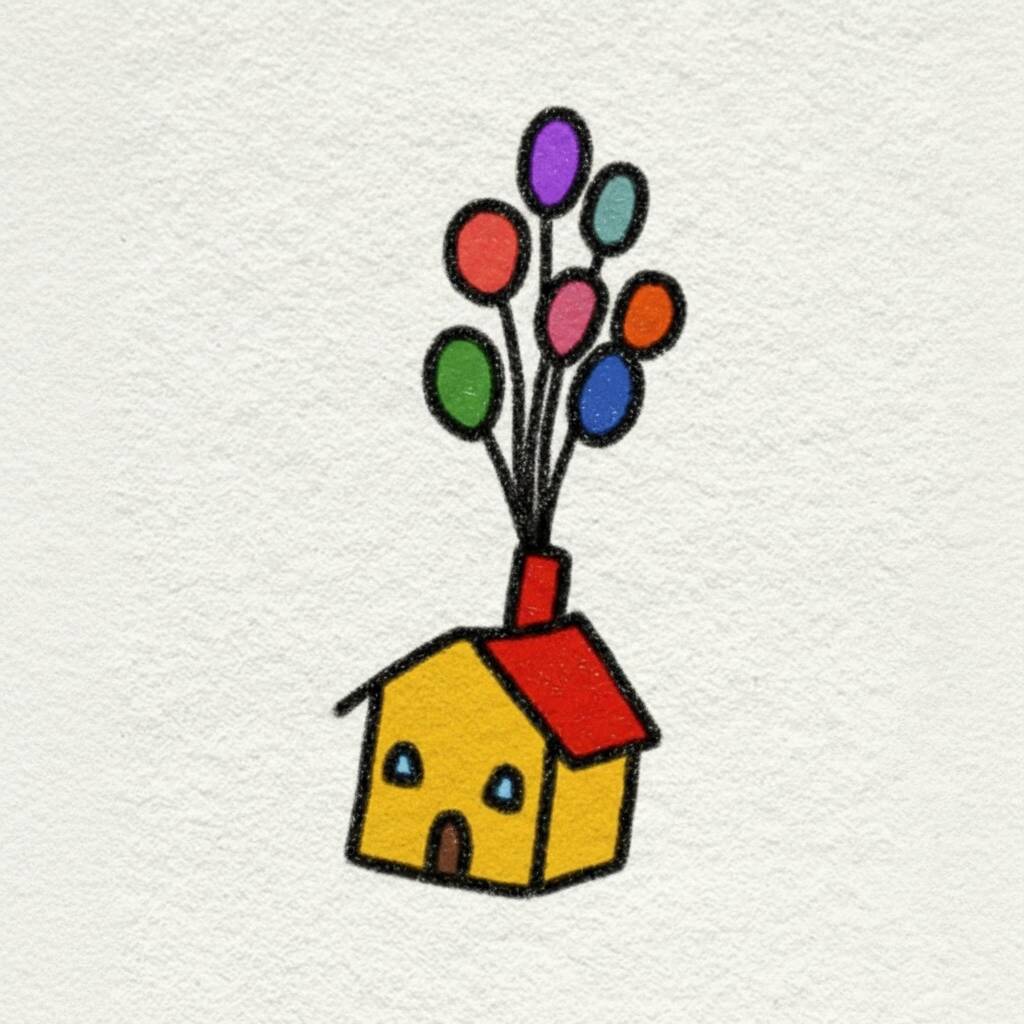 Desenho de uma casa amarela com balões coloridos para colorir