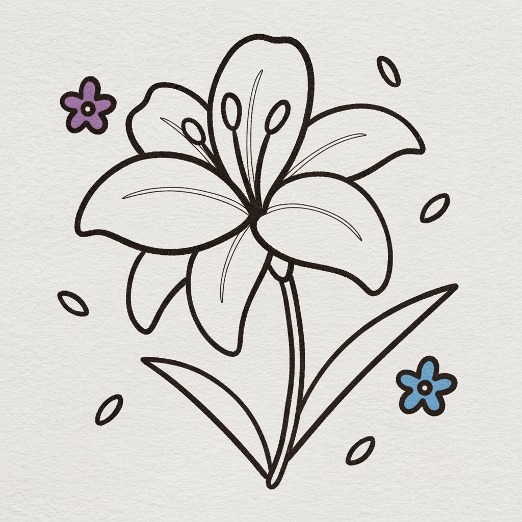 Desenho de uma flor de lírio com detalhes para colorir