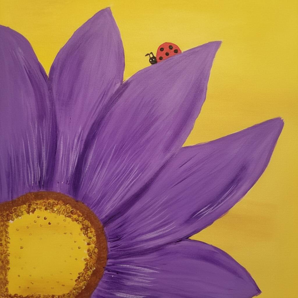 Desenho de uma flor roxa com uma joaninha