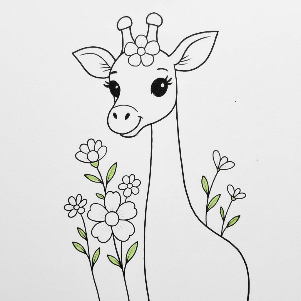 Desenho de uma girafa com flores para colorir, estilo fácil