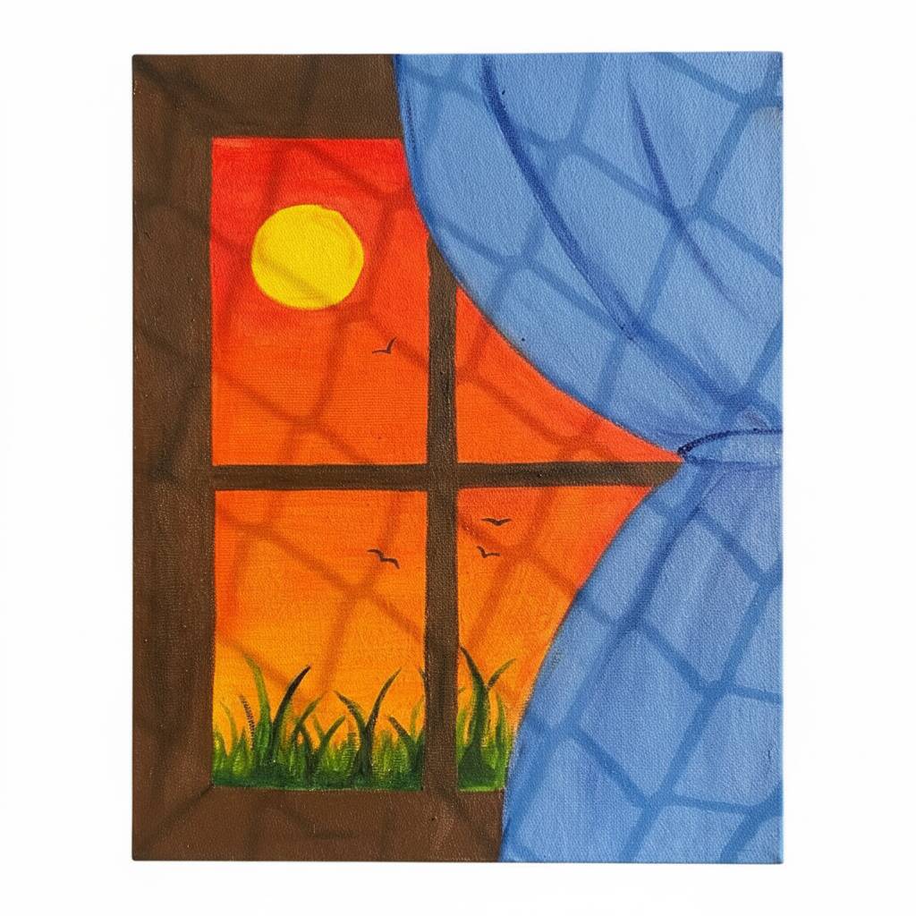 Dibujo de una ventana con vista a una colorida puesta de sol.