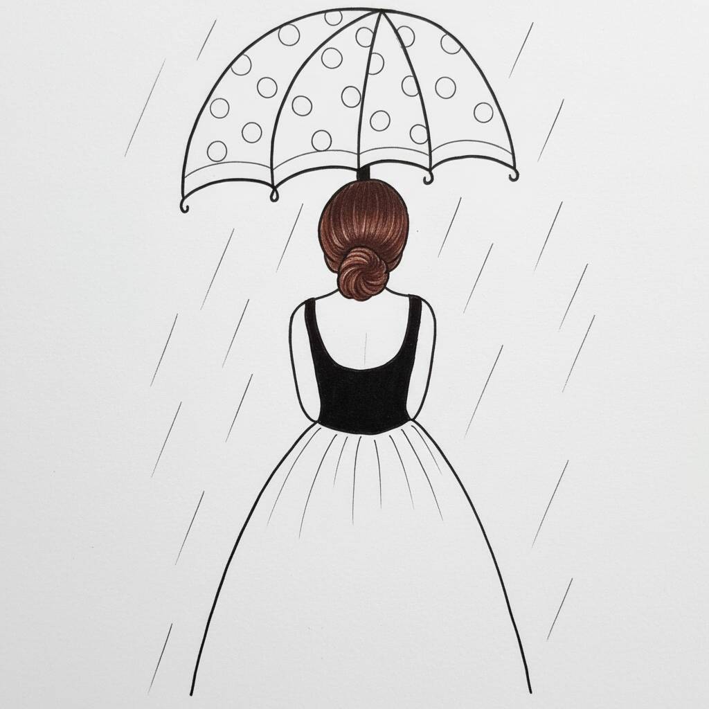 Desenho de uma menina de costas segurando um guarda-chuva com bolinhas na chuva