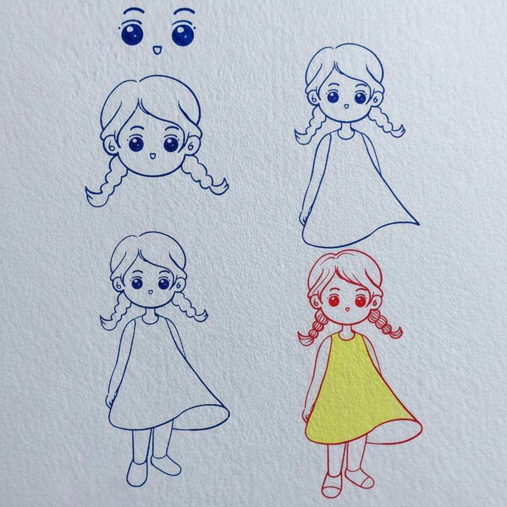 Desenho de uma menina fofa com opções de cores para colorir