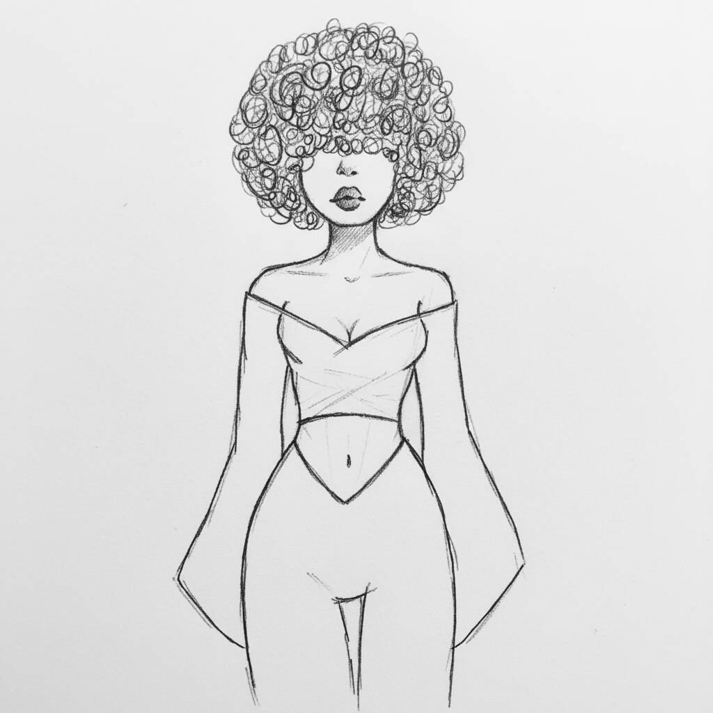 Desenho de uma mulher com cabelo cacheado para colorir