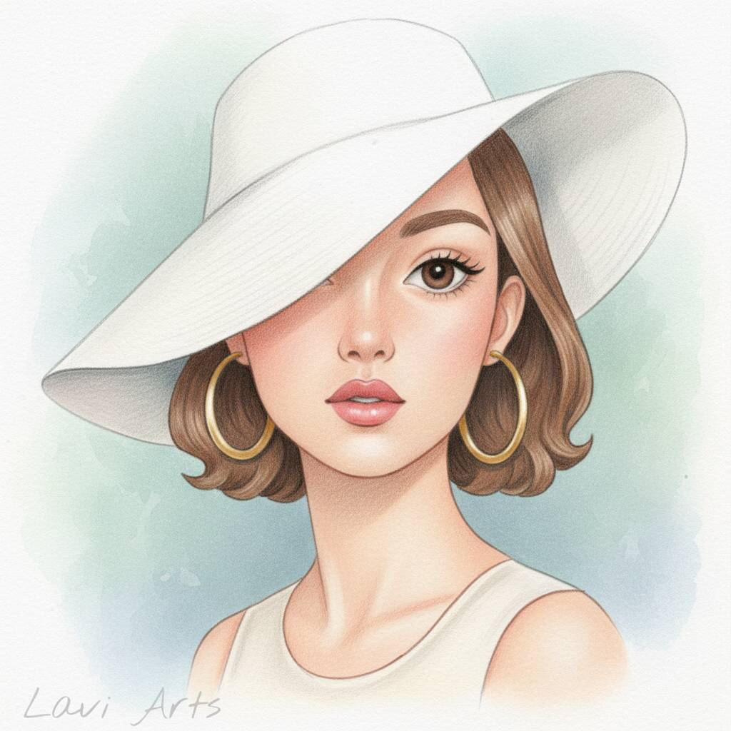 Desenho de uma mulher com chapéu e brincos grandes, ideal para colorir