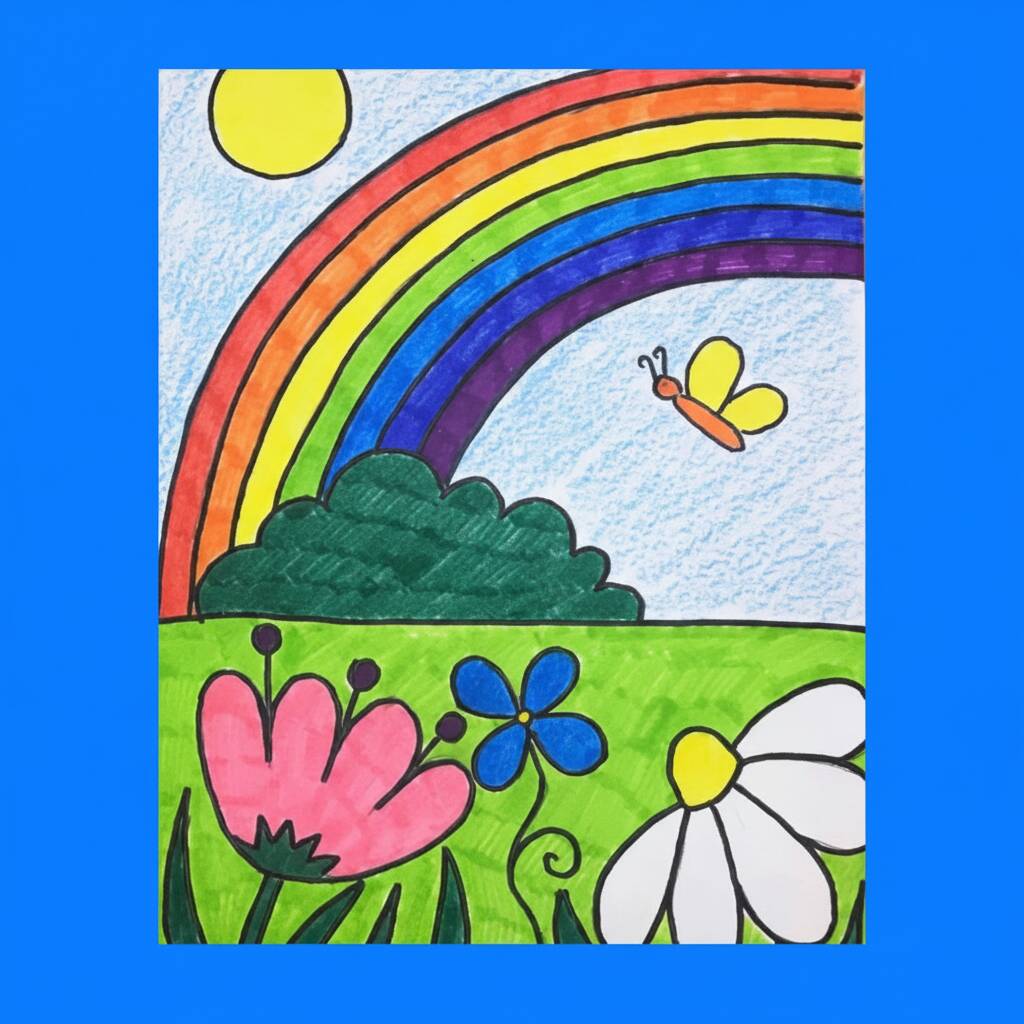 Desenho de uma paisagem com arco-íris, sol, flores e borboleta