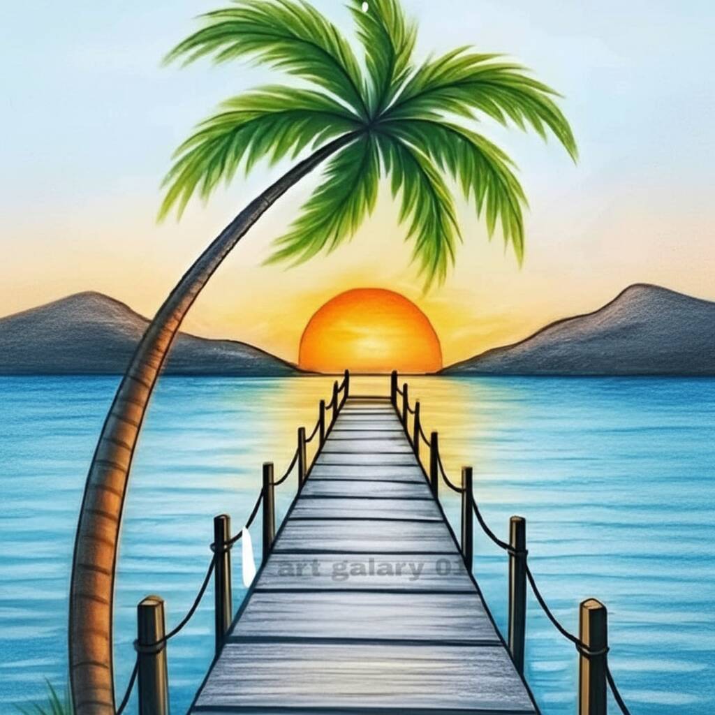 Desenho de uma paisagem com pôr do sol, palmeiras e um pier
