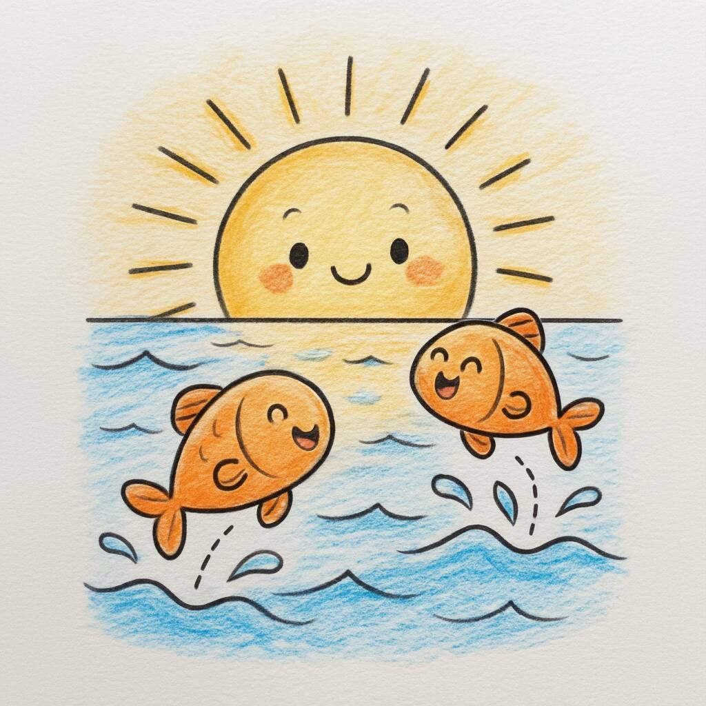Desenho de uma paisagem com sol sorridente e peixes saltando na água