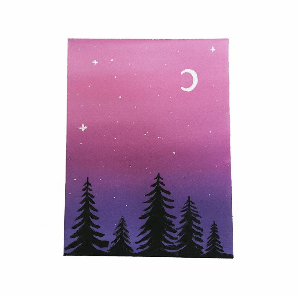 Desenho de uma paisagem noturna com árvores e lua em um céu estrelado