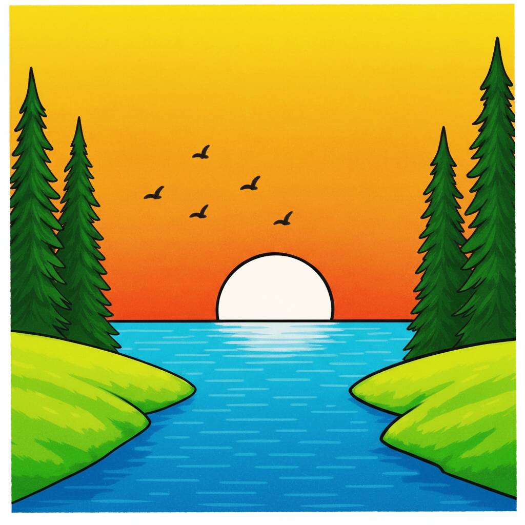 Desenho de uma paisagem serena com pôr do sol, árvores e um lago