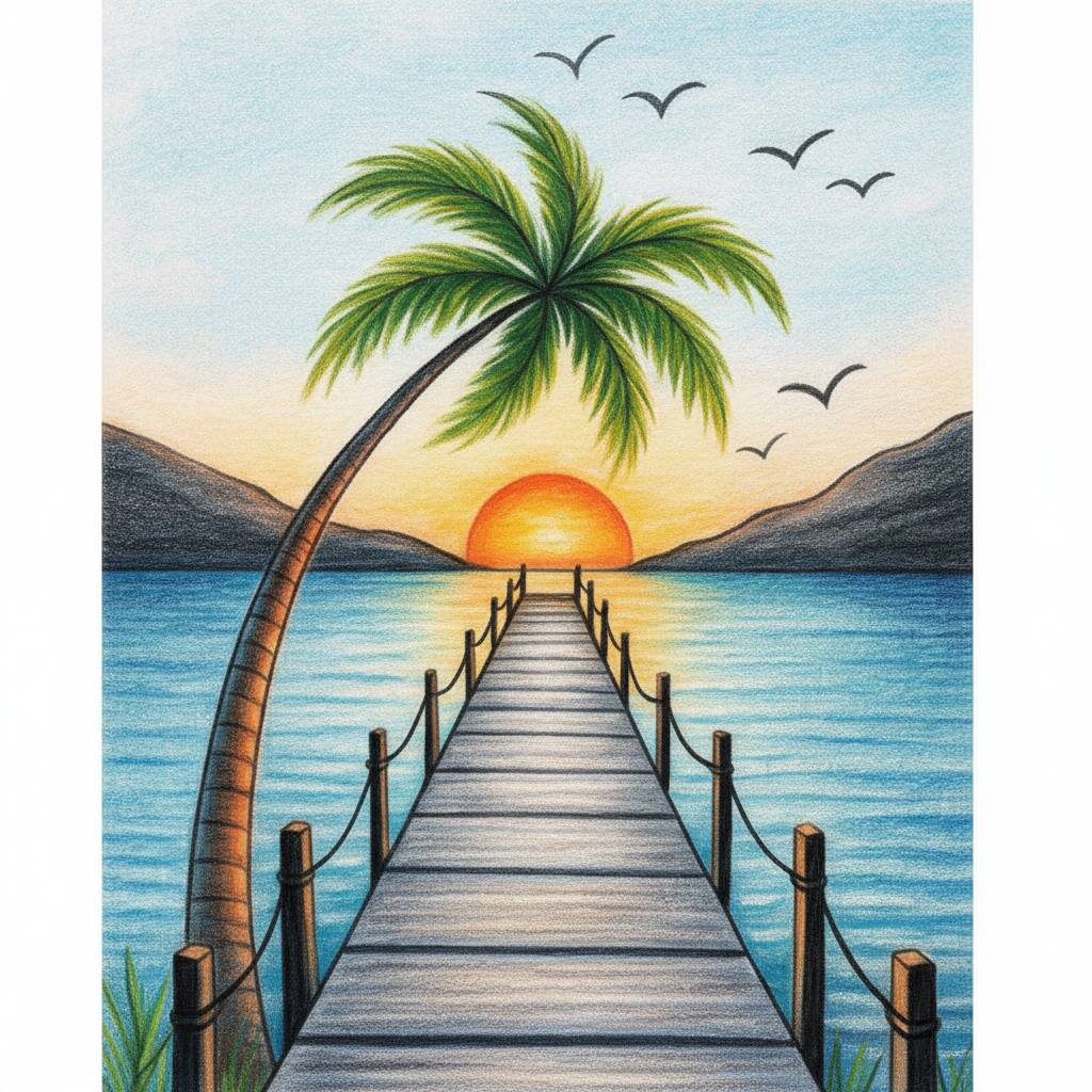 Desenho de uma praia ao pôr do sol com coqueiros e um caminho de madeira