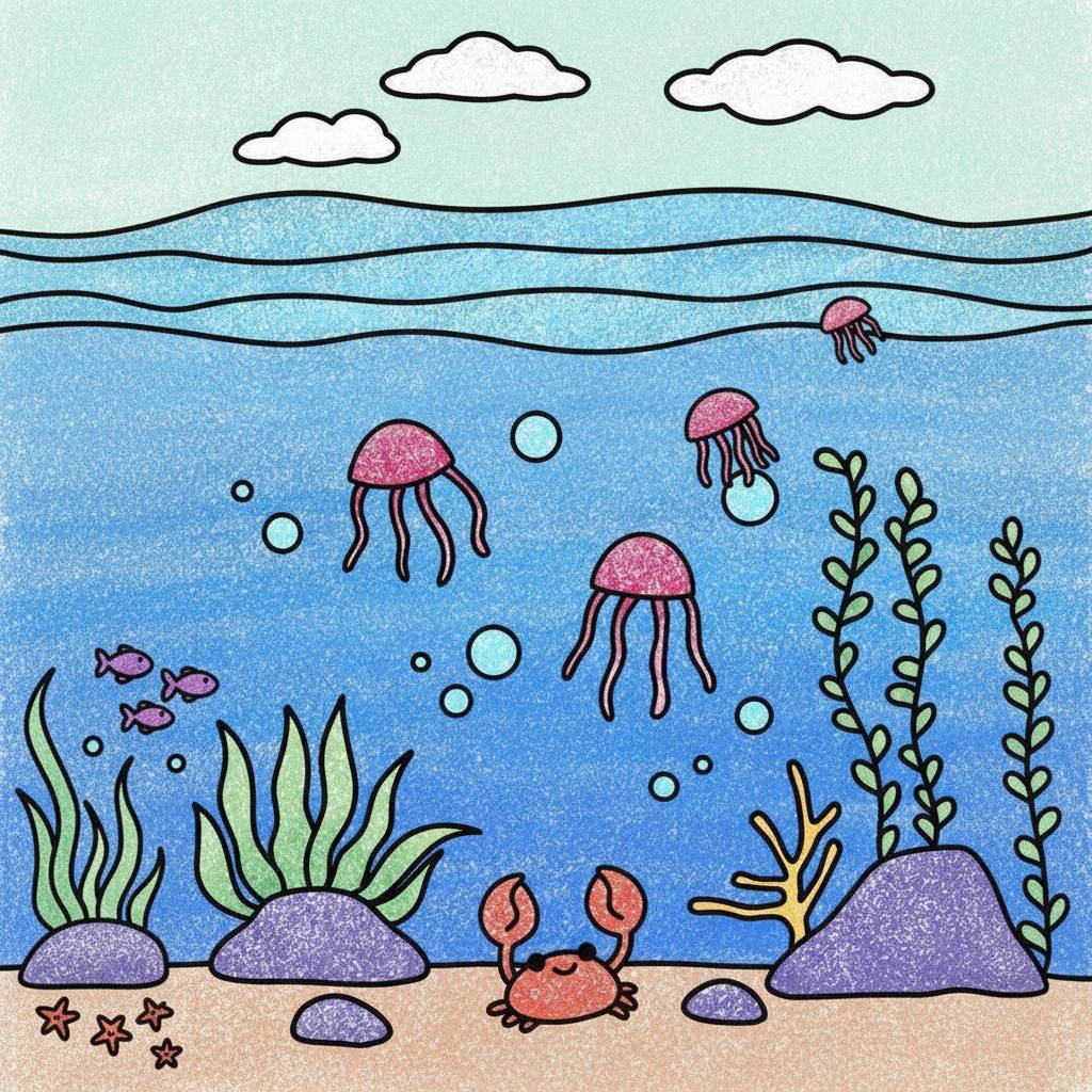 Sea life drawing with jellyfish and crab in an underwater environment