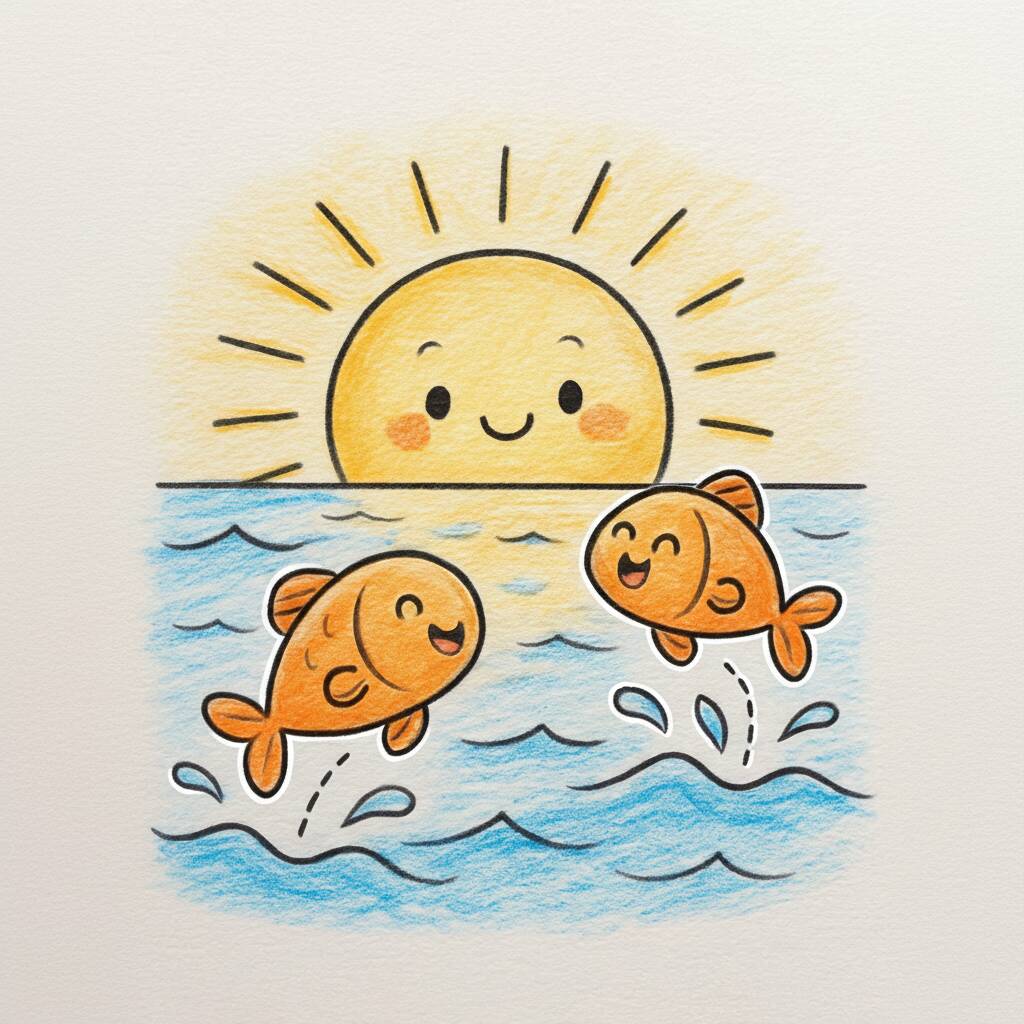 Desenho divertido de peixes pulando sob o sol para colorir