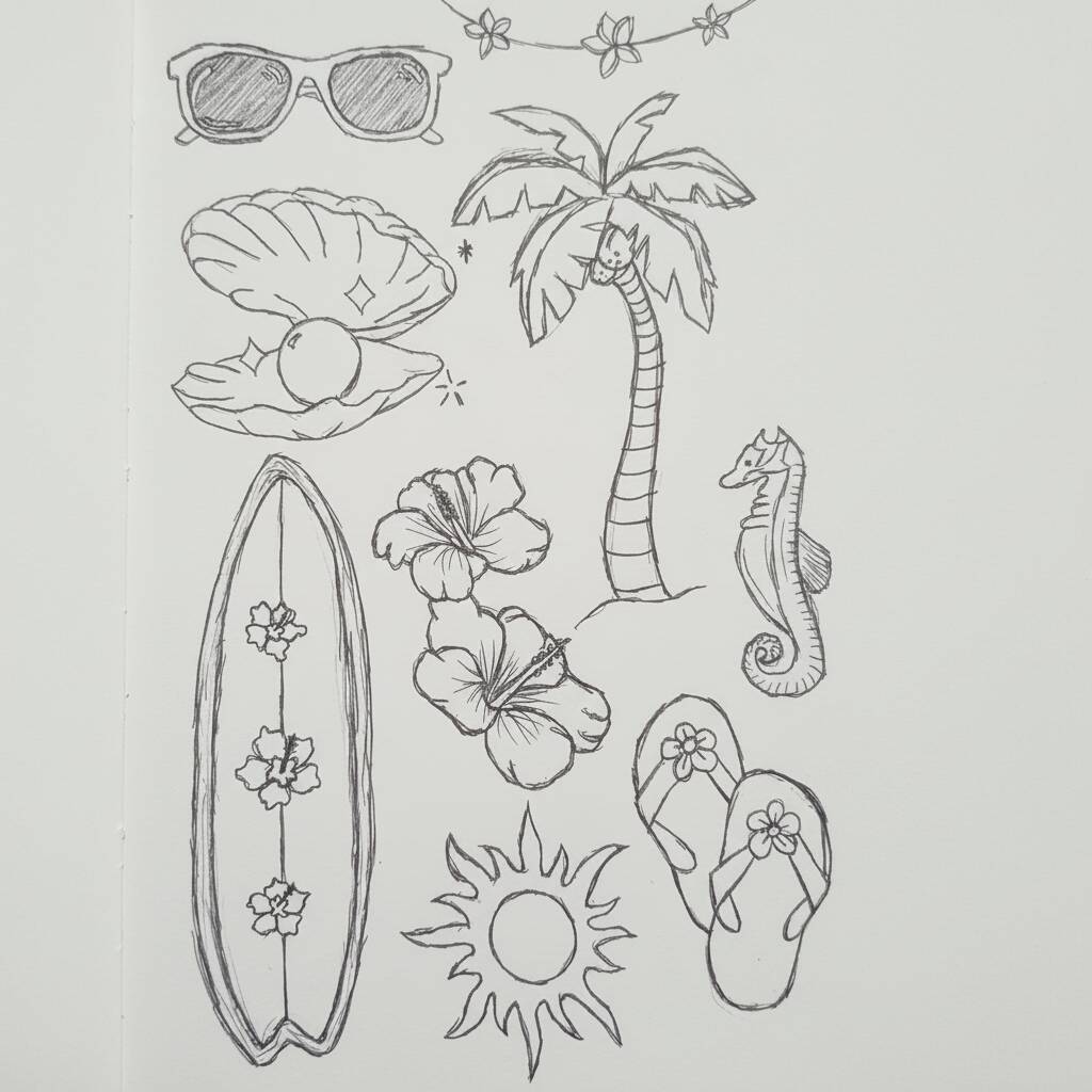 Desenho divertido de verão com palmeira, conchas e flores para desenhar