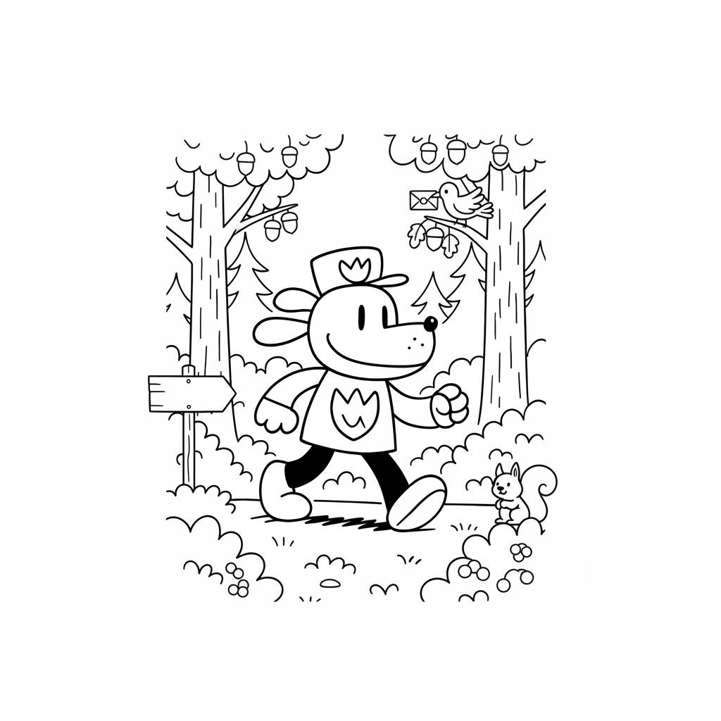 Desenho do Dog Man caminhando na floresta para colorir