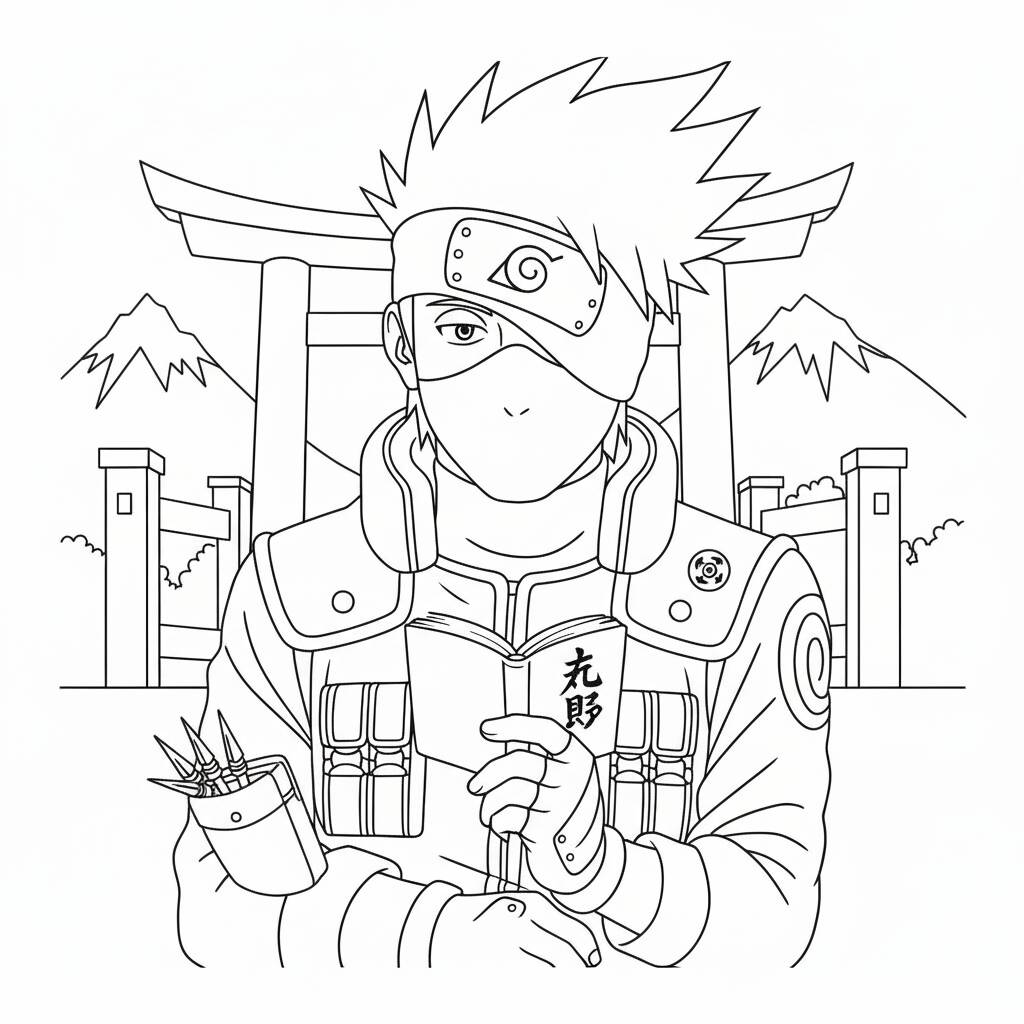 Desenho do Kakashi segurando um livro para colorir