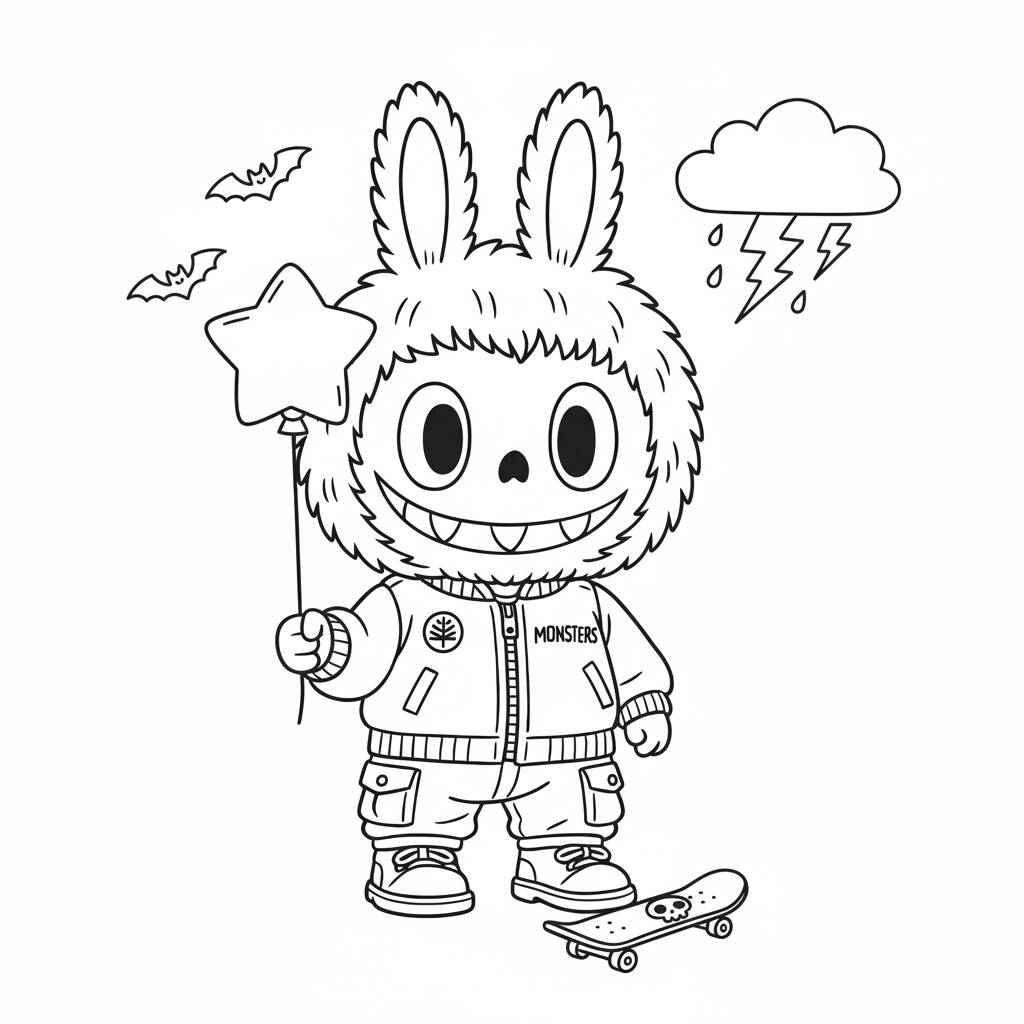 Desenho do Labubu com skate para colorir