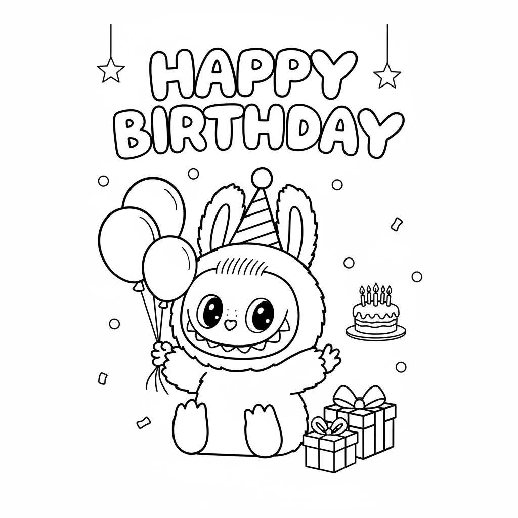 Desenho do Labubu comemorando aniversário para colorir
