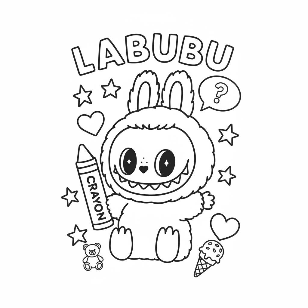 Desenho do Labubu divertido com um lápis de cor para colorir