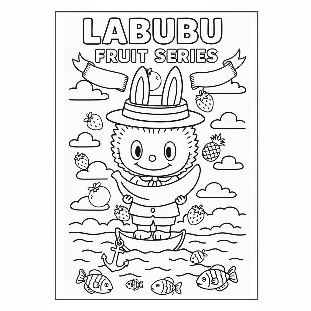 Desenho do Labubu navegando com frutas para colorir
