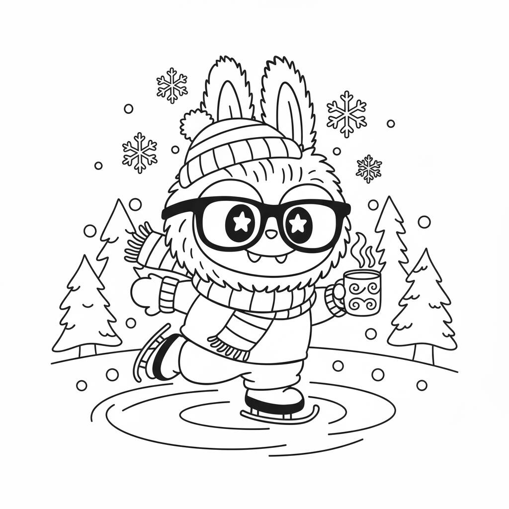 Desenho do Labubu patinando no gelo para colorir