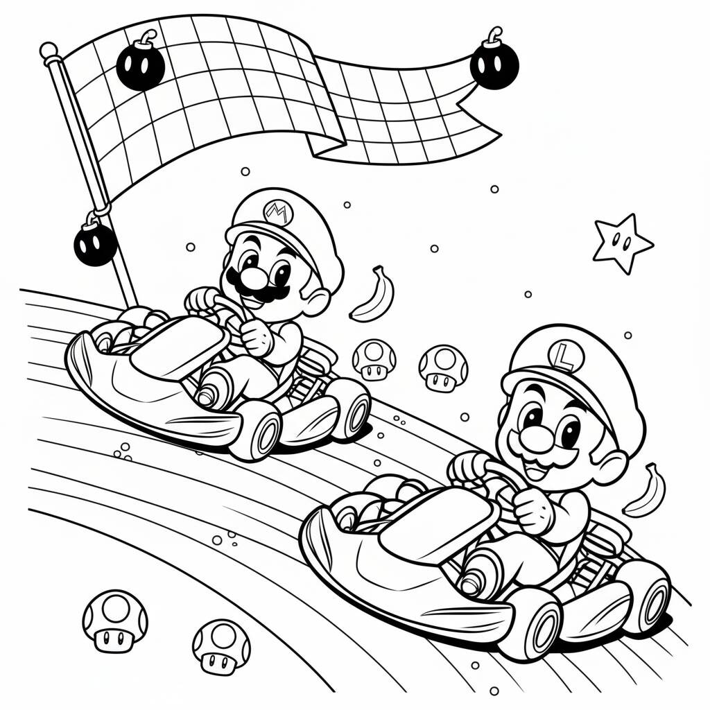 Desenho do Mario e Luigi no Mario Kart para colorir