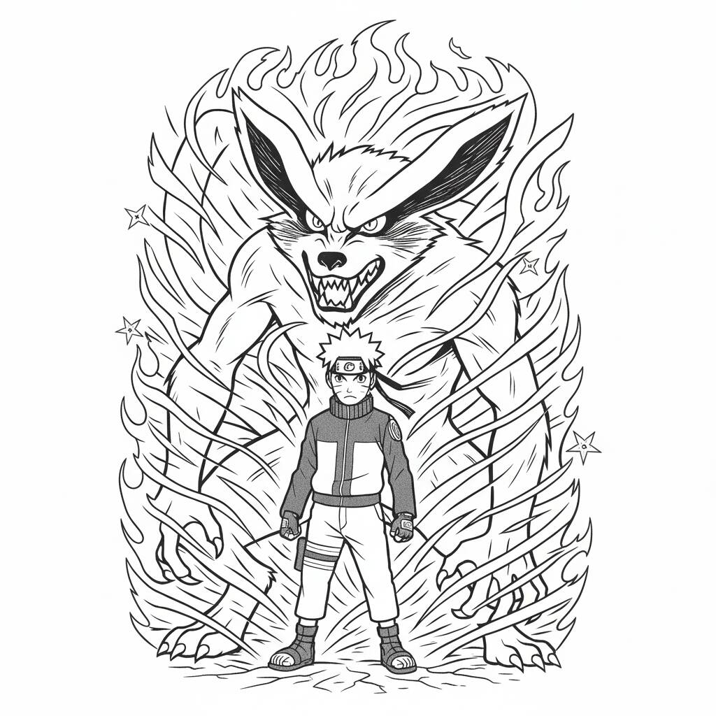 Desenho do Naruto com a Raposa de Nove Caudas para colorir