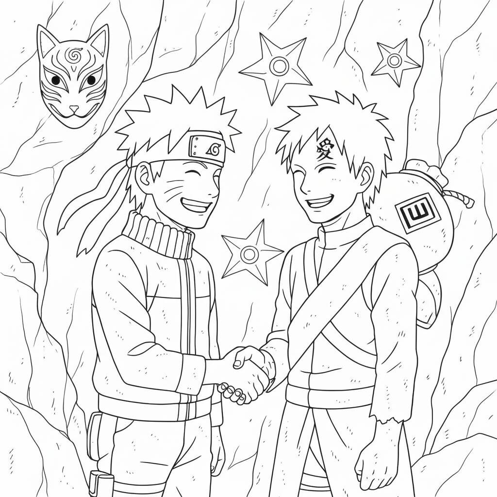 Desenho do Naruto e Sasuke se cumprimentando para colorir