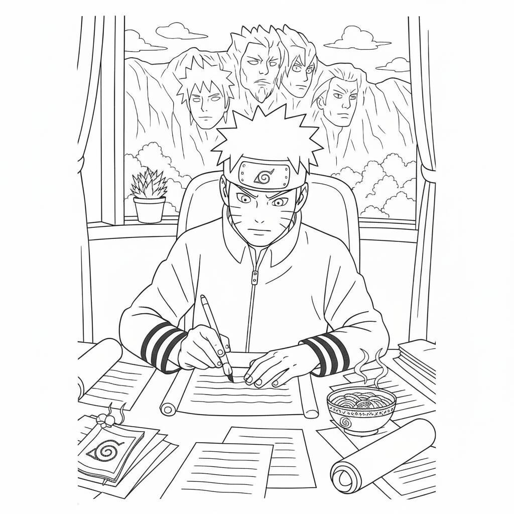 Desenho do Naruto estudando com ramen para colorir