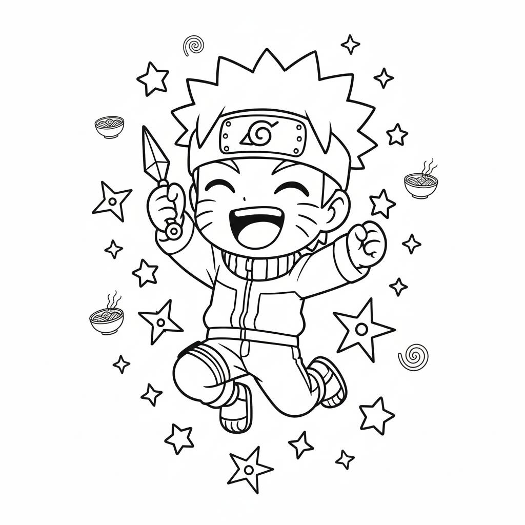 Desenho do Naruto feliz segurando uma faca para colorir