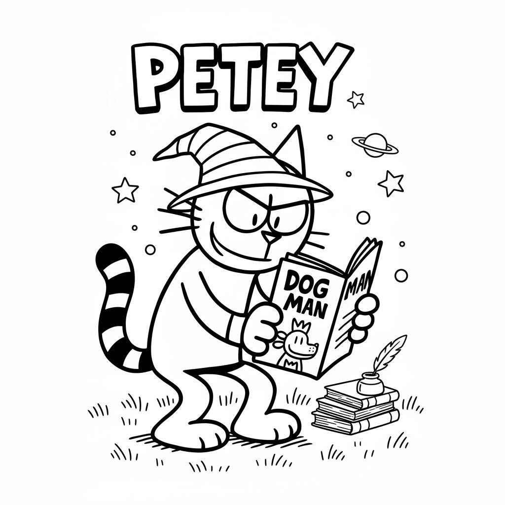 Desenho do Petey lendo Dog Man para colorir