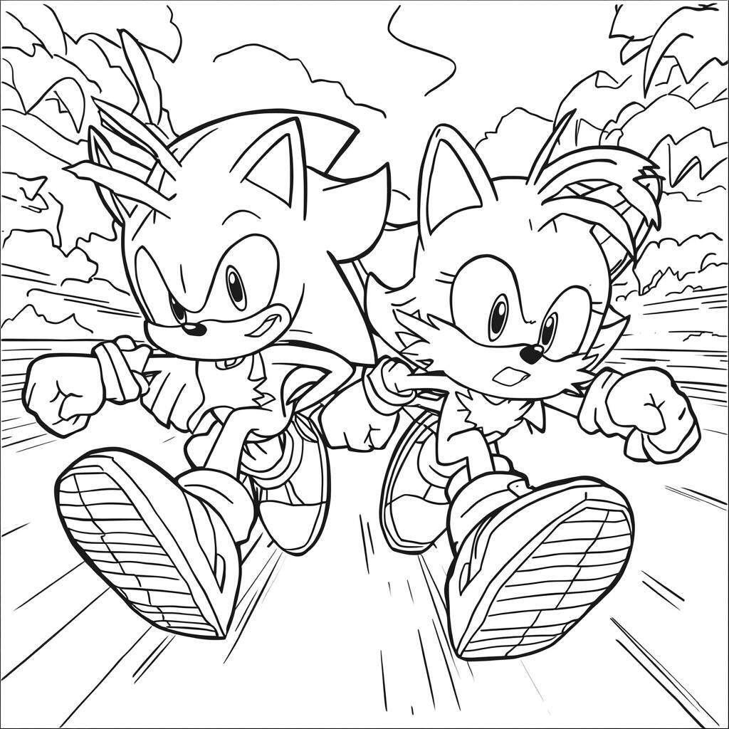 Desenho do Sonic e Tails em uma Corrida para Colorir