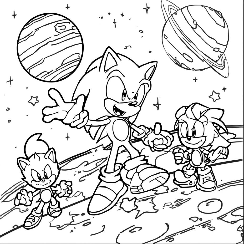 Desenho do Sonic e seus Amigos em um Aventura Espacial para Colorir