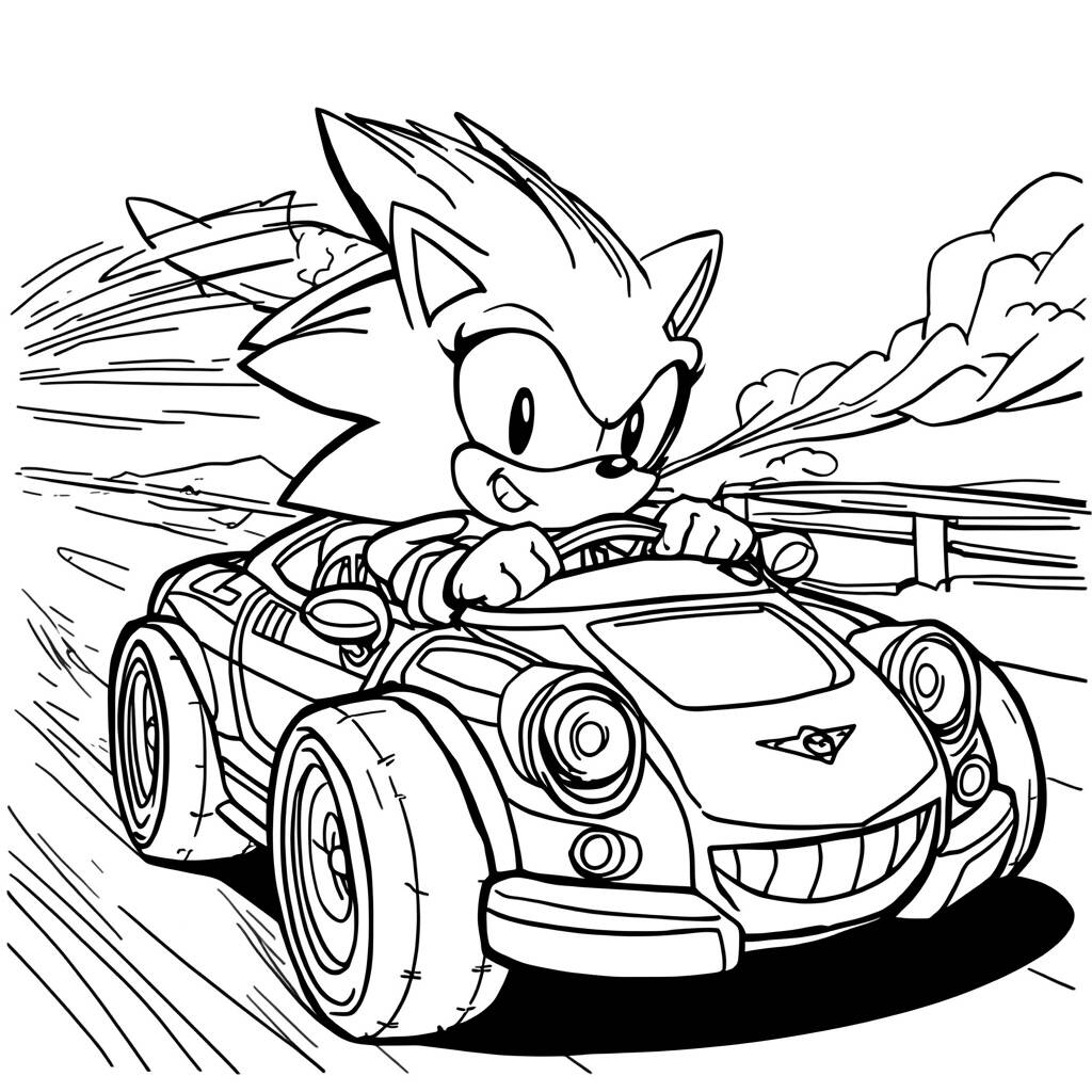 Desenho do Sonic em um Carro para Colorir
