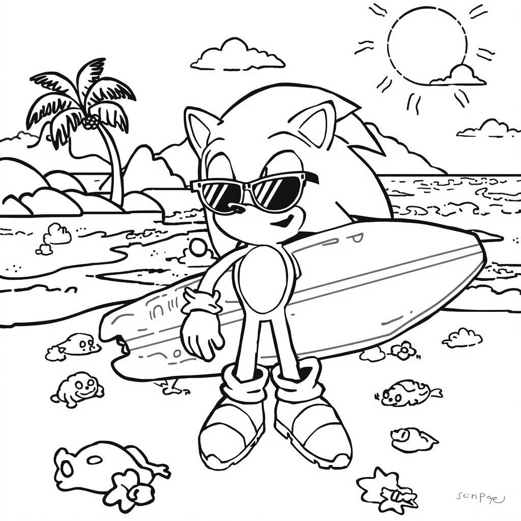 Desenho do Sonic em um Cenário de Férias para Colorir