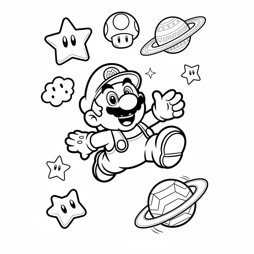 Desenho do Super Mario com Estrelas e Planetas para colorir