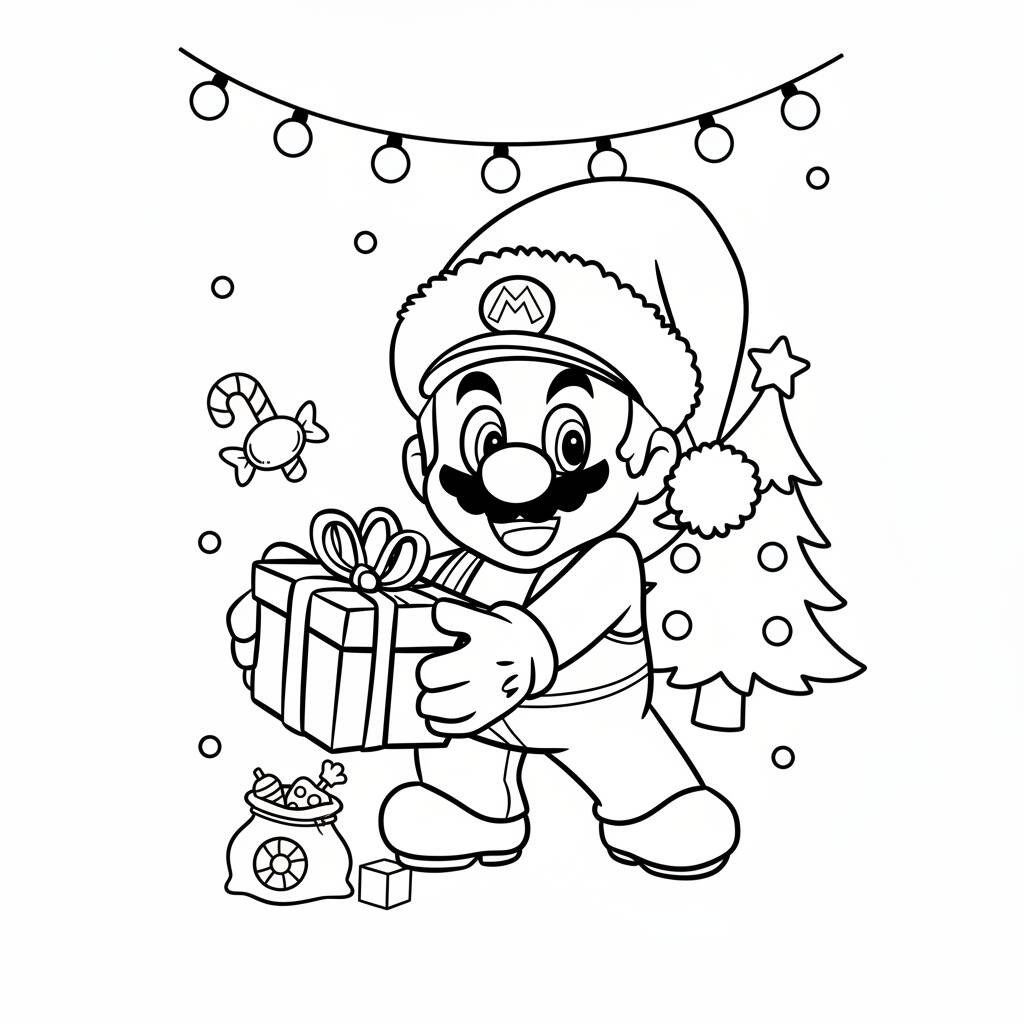 Dibujo para colorear de Super Mario con regalo