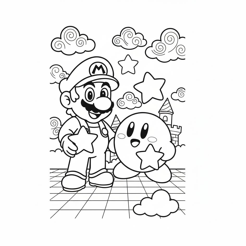 Desenho do Super Mario e Kirby para colorir
