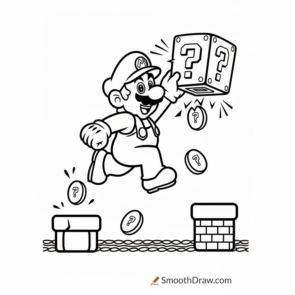 Desenho do Super Mario pulando com bloco de interrogação para colorir